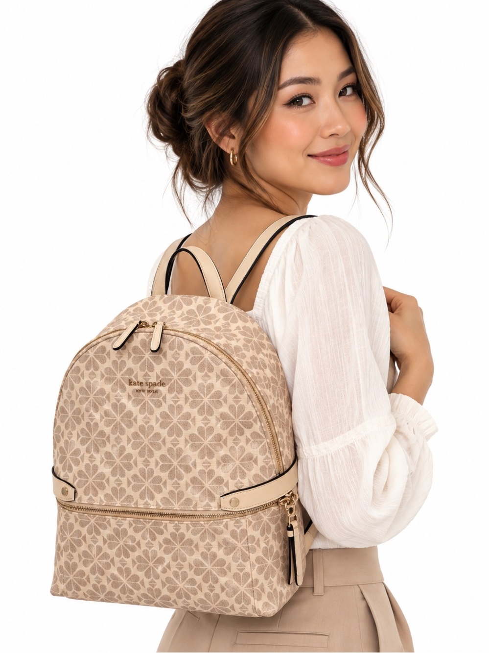KATE SPADE Spade Flower Monogram Backpack Cream Taupe
